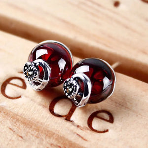Vintage 925 Sterling Silver Ball Stud Earrings Red Retro For Women