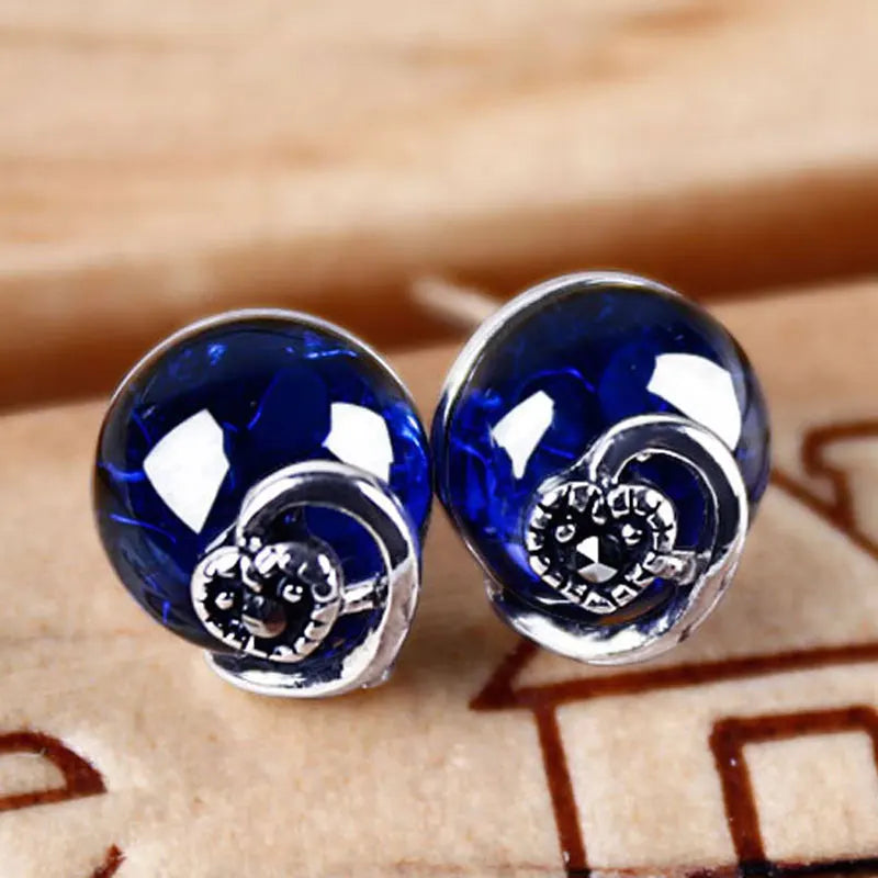 Vintage 925 Sterling Silver Ball Stud Earrings Red Retro For Women