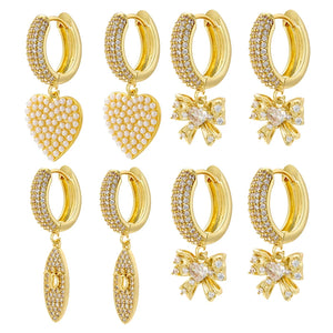 Pearl Heart Hoop Earrings CZ Women Huggie Sweet Bow Drop Earrings VE846