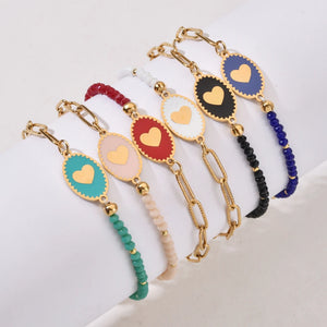 Glass Beads Cuban Chain Bracelet Heart Charm Peach Stainless Steel Jewelry