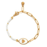 Glass Beads Cuban Chain Bracelet Heart Charm Peach Stainless Steel Jewelry