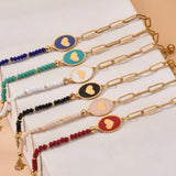 Glass Beads Cuban Chain Bracelet Heart Charm Peach Stainless Steel Jewelry