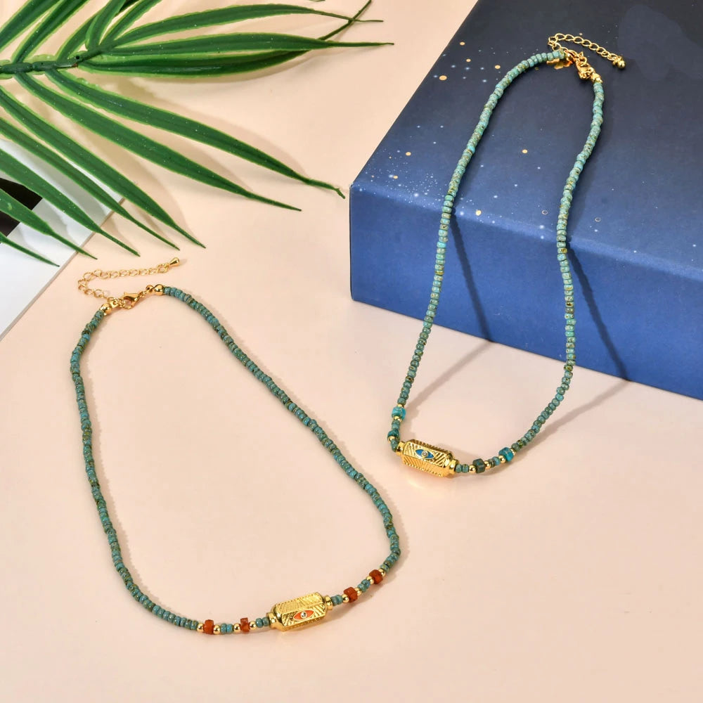 Vintage Evil Eye Charm Beads Necklace Boho Jewelry