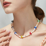 Rainbow Glass Charm Mushroom Necklace Choker with Pearl Beads