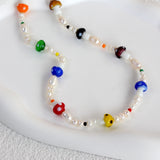 Rainbow Glass Charm Mushroom Necklace Choker with Pearl Beads