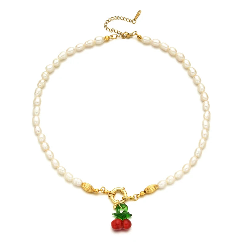 Rainbow Glass Charm Mushroom Necklace Choker with Pearl Beads