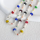 Rainbow Glass Charm Mushroom Necklace Choker with Pearl Beads