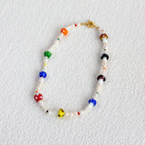 Rainbow Glass Charm Mushroom Necklace Choker with Pearl Beads