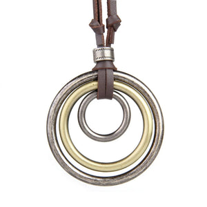 Vintage Circles Pendant Necklace Long Rope Chain Leather Women Boho J