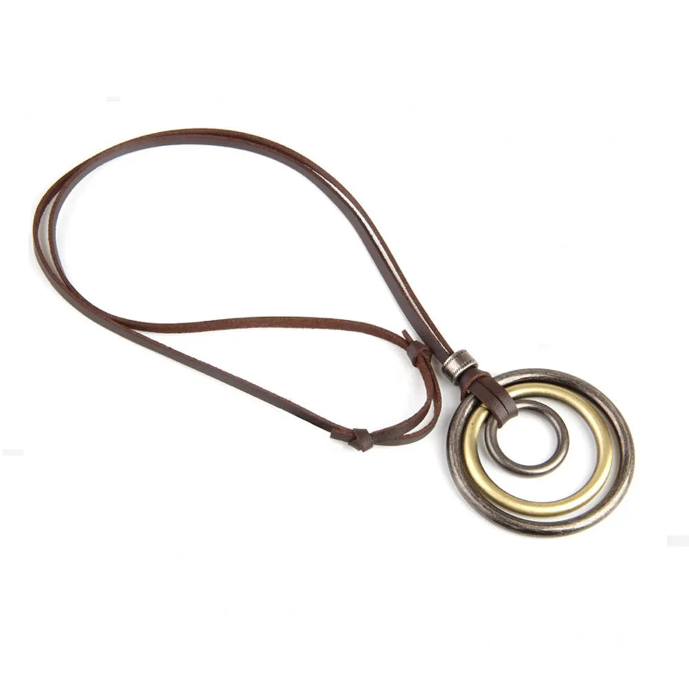 Vintage Circles Pendant Necklace Long Rope Chain Leather Women Boho J
