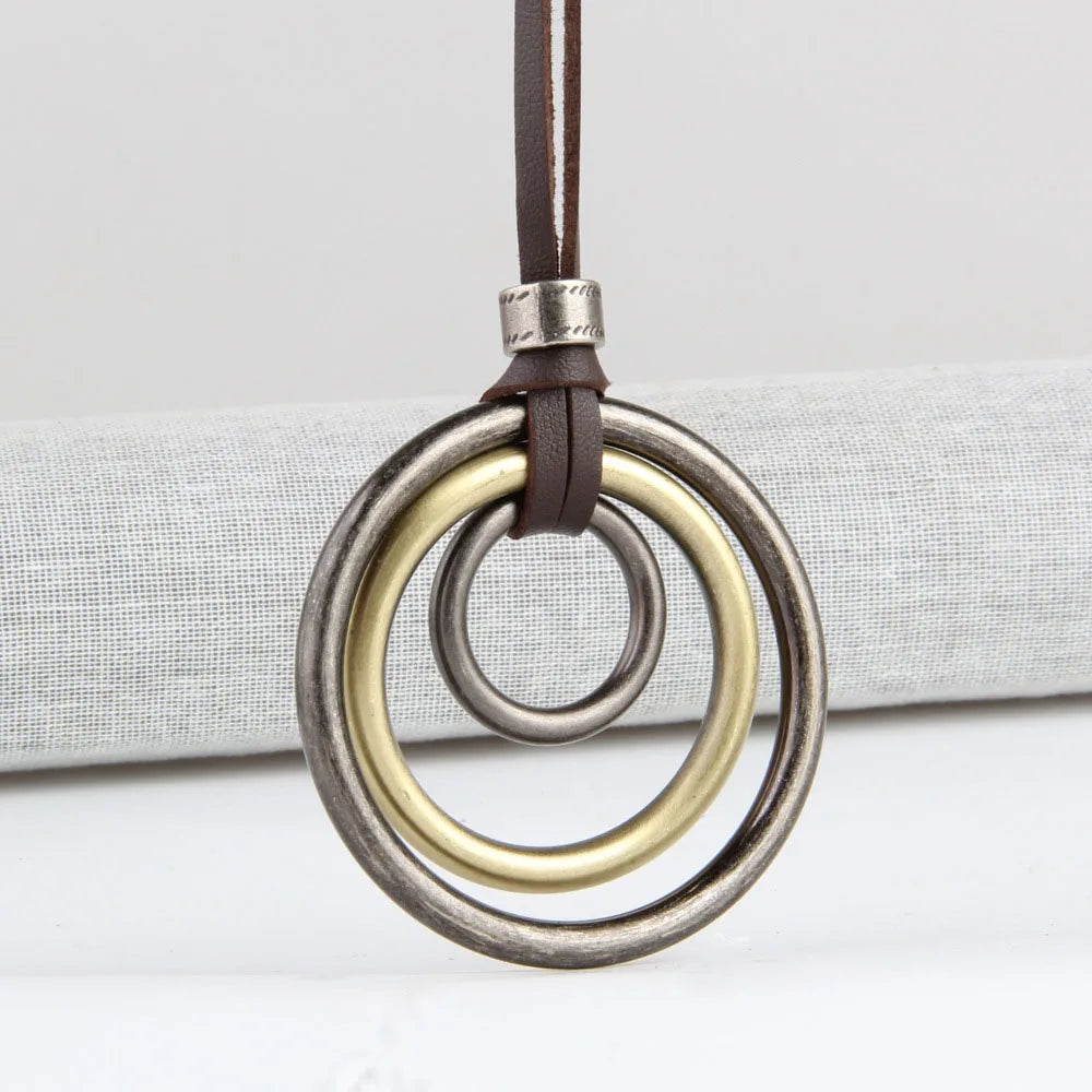 Vintage Circles Pendant Necklace Long Rope Chain Leather Women Boho J