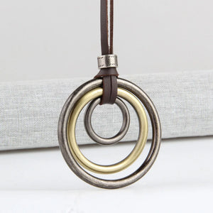 Vintage Circles Pendant Necklace Long Rope Chain Leather Women Boho J