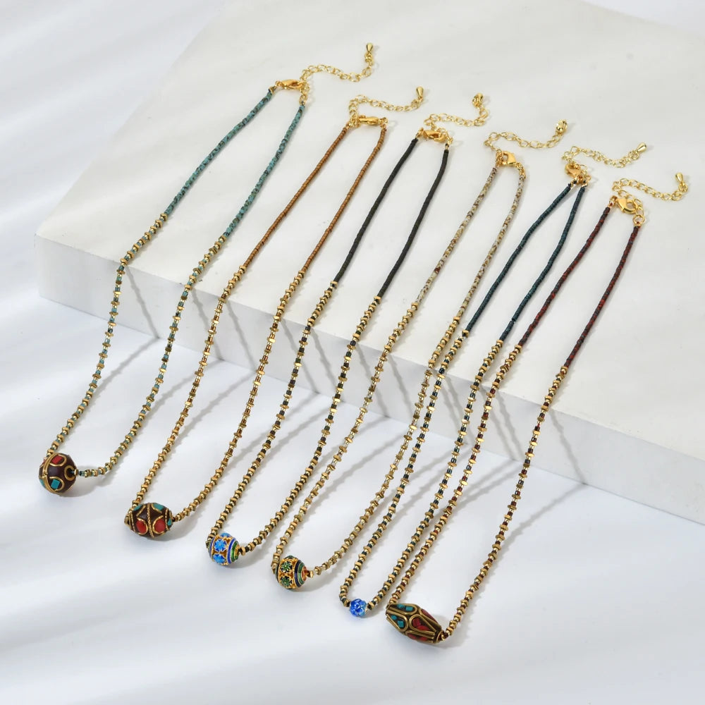 Vintage Nepal Cloisonne Beads Pendant Necklace Ethnic Statement Women's Jewelry