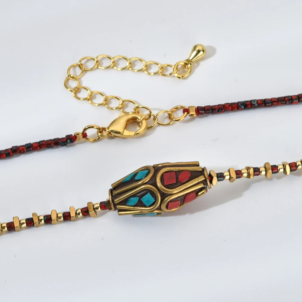 Vintage Nepal Cloisonne Beads Pendant Necklace Ethnic Statement Women's Jewelry