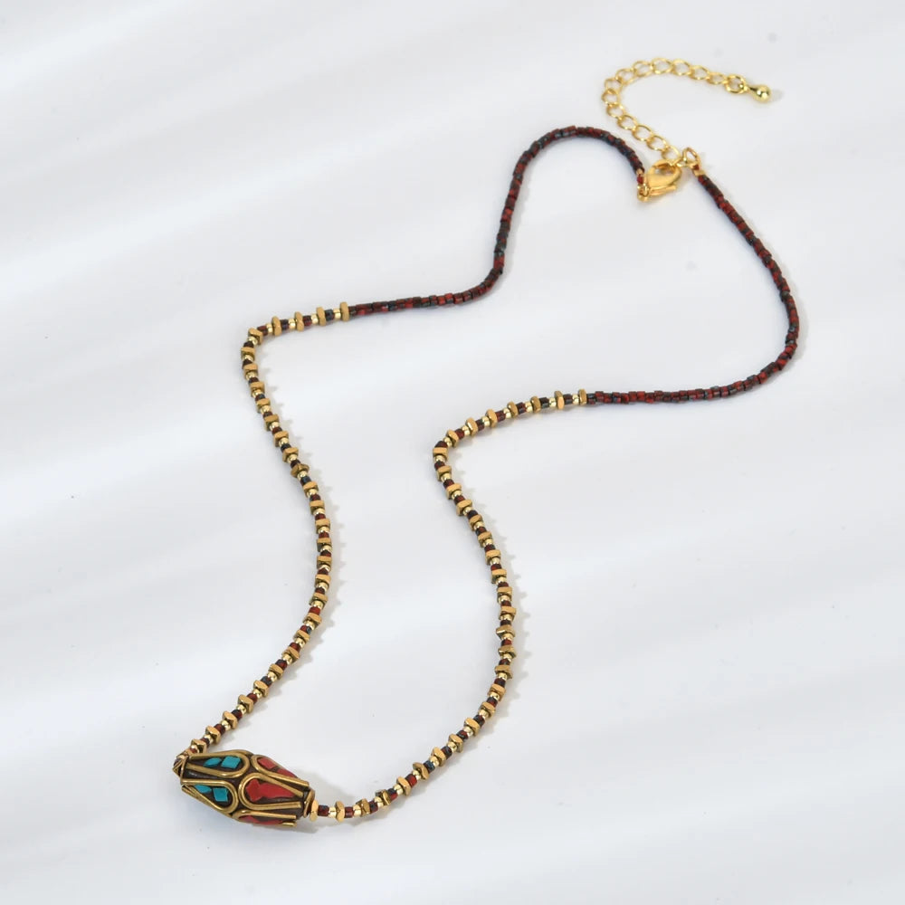 Vintage Nepal Cloisonne Beads Pendant Necklace Ethnic Statement Women's Jewelry