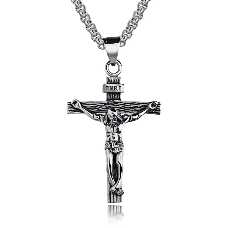 INRI Crucifix Jesus Pendant Necklace Stainless Steel Chain Vintage