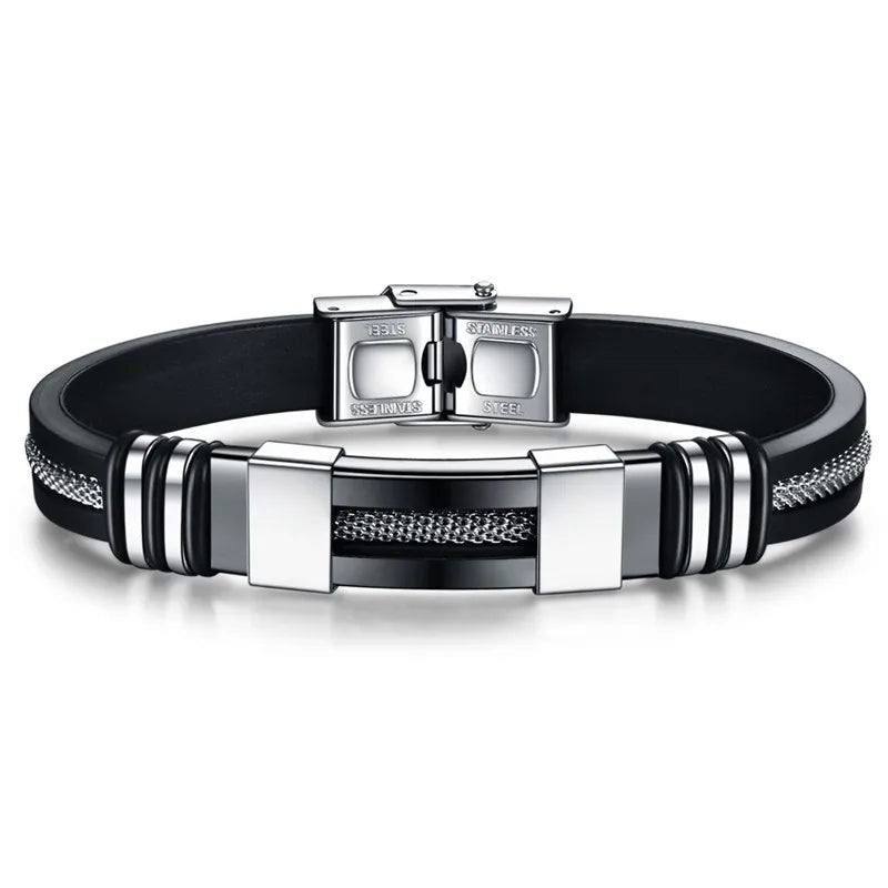 Punk Vintage Stainless Steel Bracelets Men Rubber Wristband