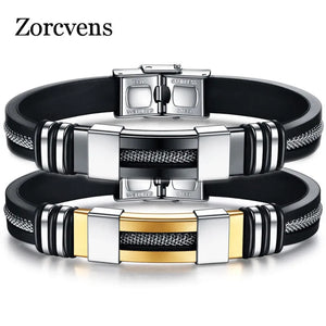 Punk Vintage Stainless Steel Bracelets Men Rubber Wristband