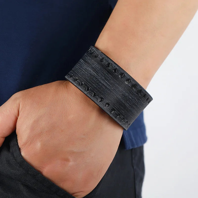Wide Vintage Punk Leather Bracelet for Men