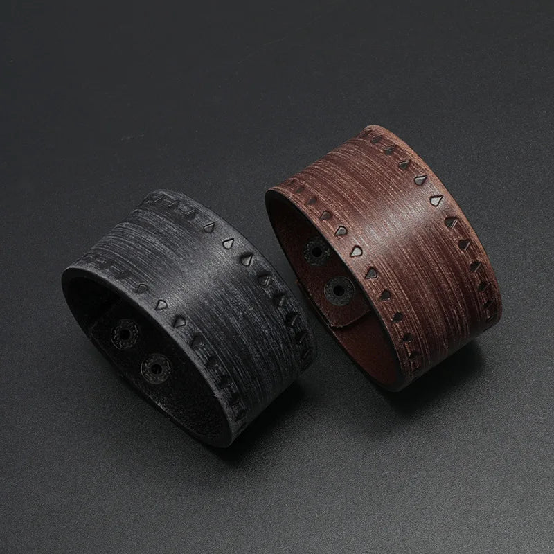 Wide Vintage Punk Leather Bracelet for Men