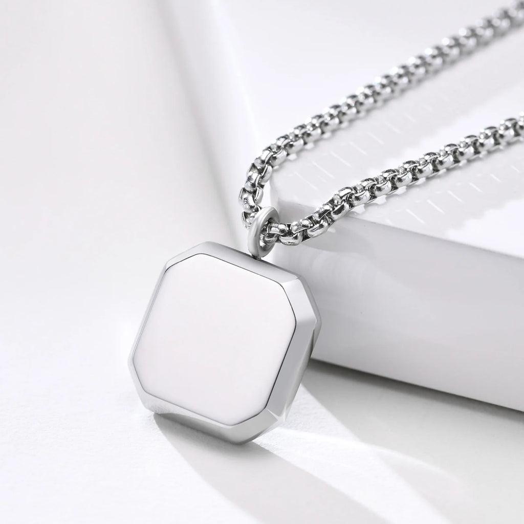 Vintage Silver Square Pendant Necklace for Men