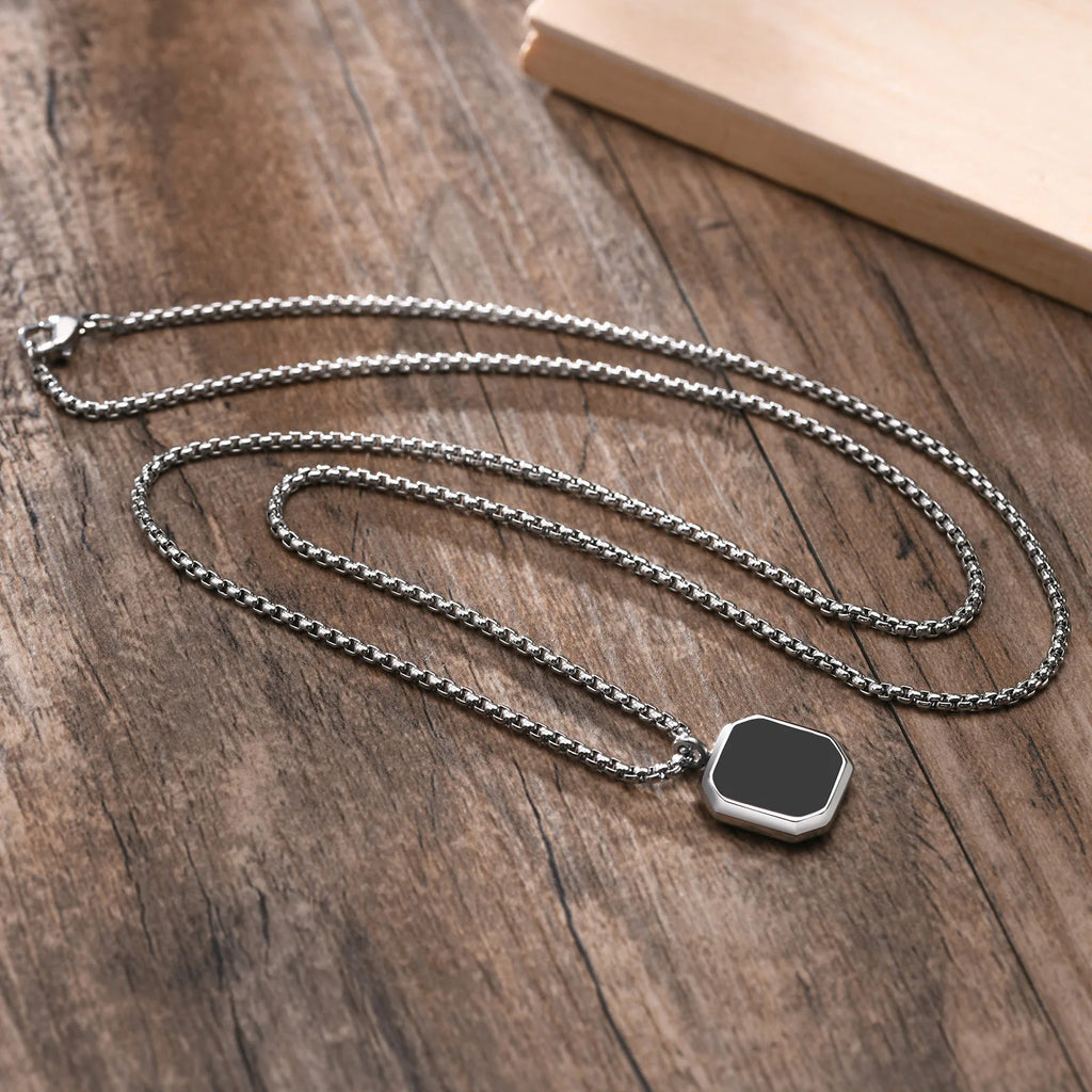 Vintage Silver Square Pendant Necklace for Men