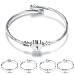 Silver Heart Bracelet Bangle with Initial Alphabet Charms