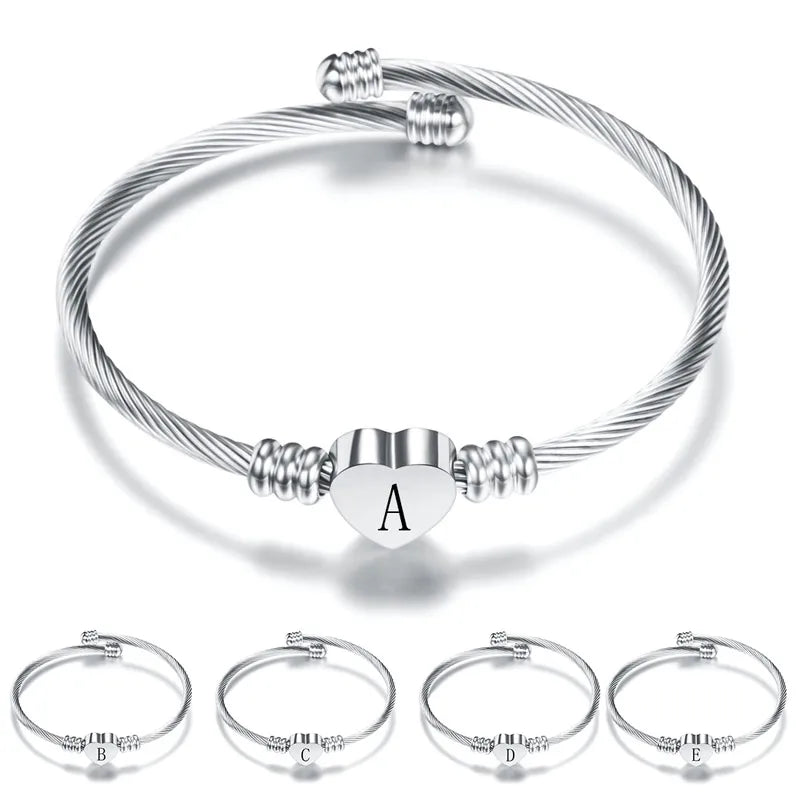 Silver Heart Bracelet Bangle with Initial Alphabet Charms