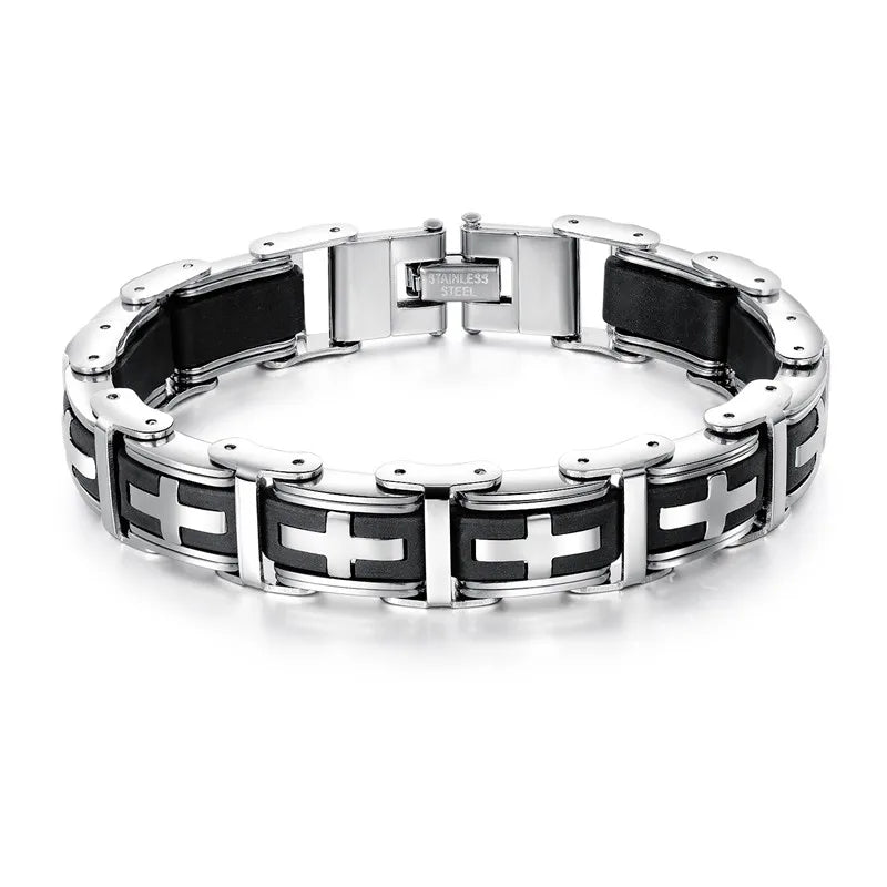 Stainless Steel Cross Symbol Charm Bracelet Men Rubber Silicone Wristband