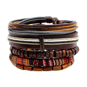 Vintage Multilayer Leather Bracelet For Men Braided Rope Wrap Bead Charm Woven