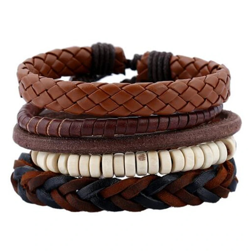 Vintage Multilayer Leather Bracelet For Men Braided Rope Wrap Bead Charm Woven