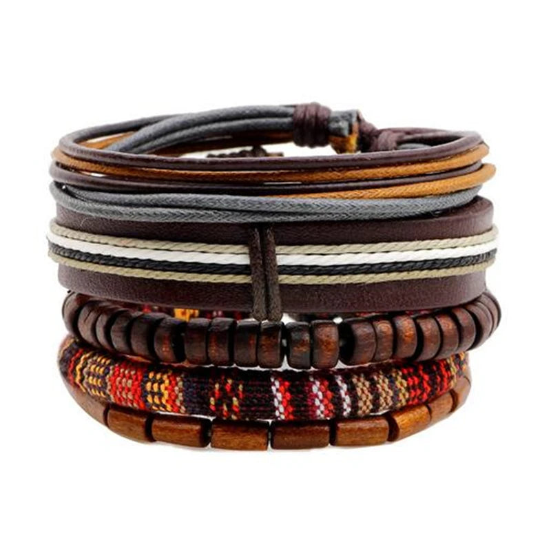 Vintage Multilayer Leather Bracelet For Men Braided Rope Wrap Bead Charm Woven