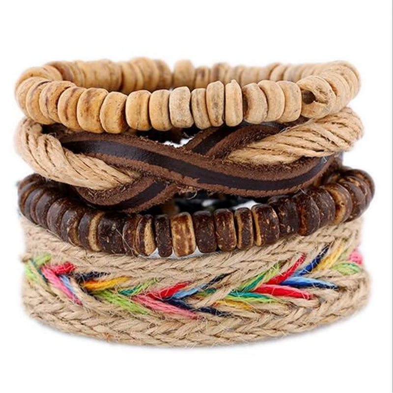 Vintage Multilayer Leather Bracelet For Men Braided Rope Wrap Bead Charm Woven