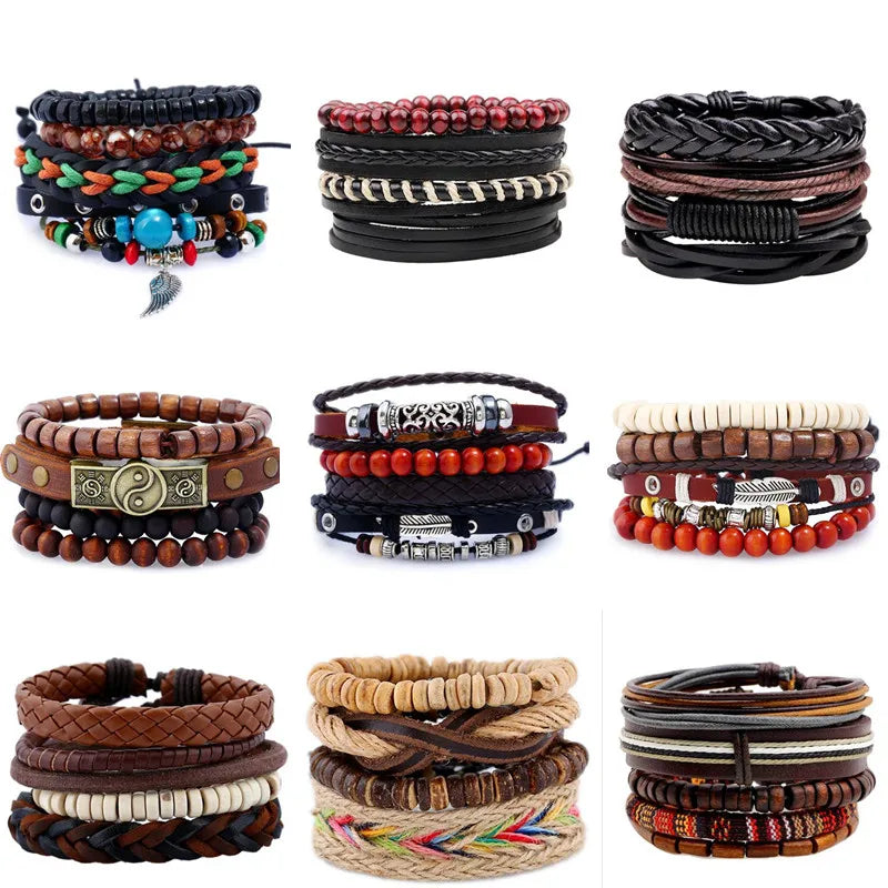 Vintage Multilayer Leather Bracelet For Men Braided Rope Wrap Bead Charm Woven