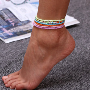 7Pcs/Set Candy Beads Anklet Bracelet Colorful Elastic Chain Anklets Bohemian Jew