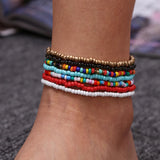 7pcs Beaded Anklet Bracelets Rainbow Elastic Ankle Bracelet Foot Beach Jewelry