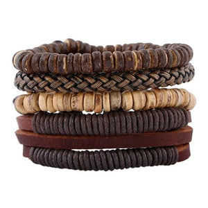 4pcs Punk Wrap Leather Bracelets Charm Wood Beads Cuff Jewelry Set