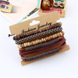 4pcs Punk Wrap Leather Bracelets Charm Wood Beads Cuff Jewelry Set
