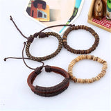 4pcs Punk Wrap Leather Bracelets Charm Wood Beads Cuff Jewelry Set