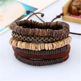 4pcs Punk Wrap Leather Bracelets Charm Wood Beads Cuff Jewelry Set