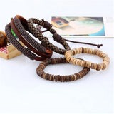 4pcs Punk Wrap Leather Bracelets Charm Wood Beads Cuff Jewelry Set