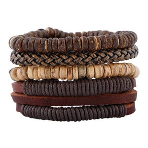 4pcs Punk Wrap Leather Bracelets Charm Wood Beads Cuff Jewelry Set
