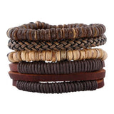 4pcs Punk Wrap Leather Bracelets Charm Wood Beads Cuff Jewelry Set