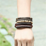 4pcs Punk Wrap Leather Bracelets Charm Wood Beads Cuff Jewelry Set