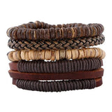 4pcs Punk Wrap Leather Bracelets Charm Wood Beads Cuff Jewelry Set
