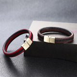 Punk Men Jewelry Red Leather Bracelet Magnetic Clasp Bangles