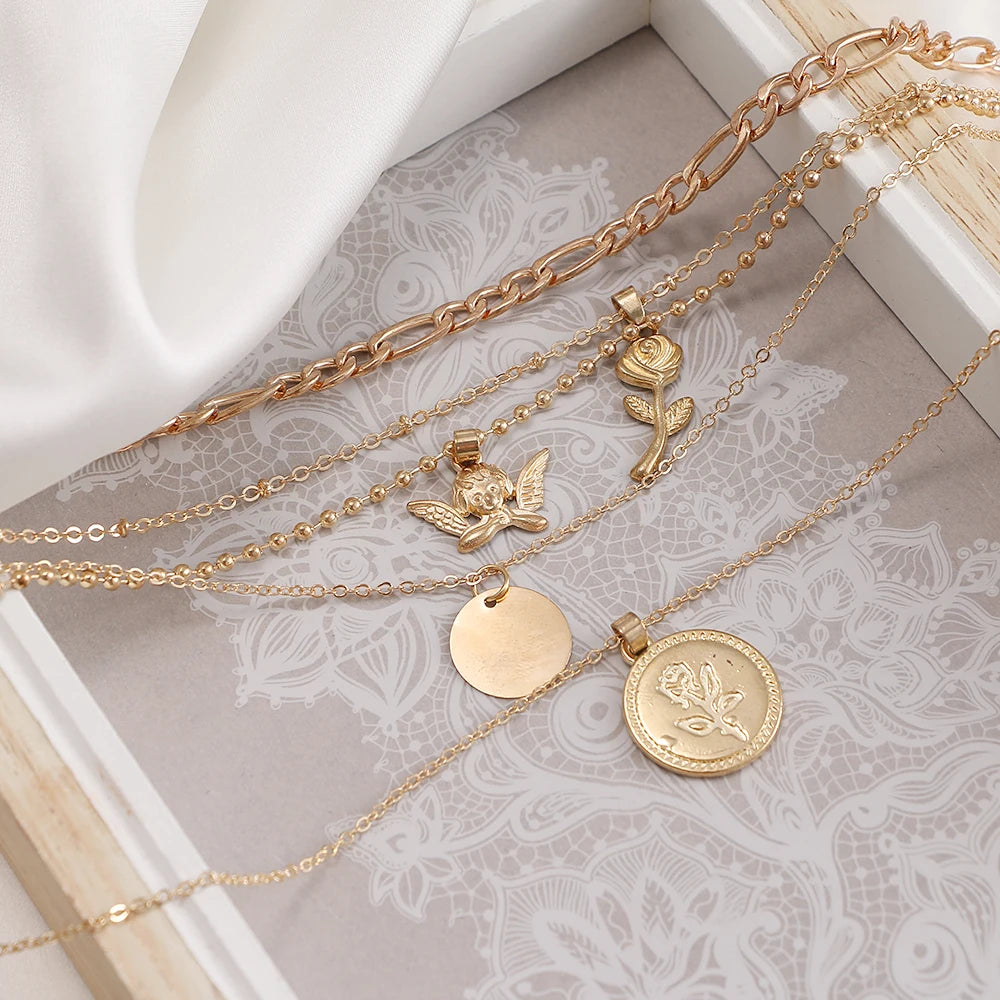 ZOVOLI Vintage Multi-layer Coin Flowers Chain Choker Necklace For Women