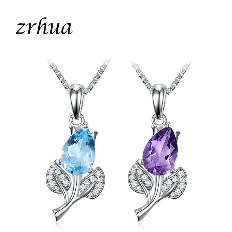 ZRHUA Silver Necklace Tear Purple Crystal Flower Pendant Choker