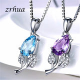ZRHUA Silver Necklace Tear Purple Crystal Flower Pendant Choker