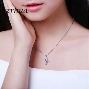 ZRHUA Silver Necklace Tear Purple Crystal Flower Pendant Choker